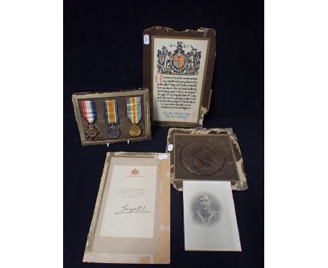 A FIRST WORLD WAR GROUP, AWARDED R. JAMES L.S. R.N A.B. R.N. 210641, with memorial plaque, photograph and other items, scroll