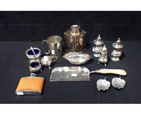 A SILVER PLATED TEA CADDY with fluted ovoid body, a quantity of silver plated items, a white metal pepperette and a ditto sal