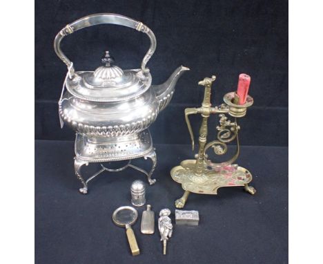 A SILVER-PLATED TEA-KETTLE ON STAND (no burner), an 'A.F.C.' sprung brass candlestick, and other items