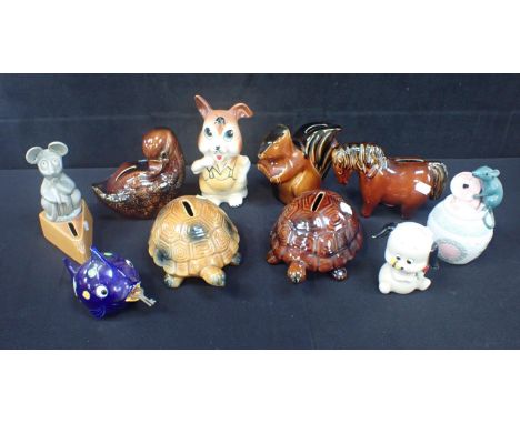 A COLLECTION OF KITSCH CERAMIC MONEY BANKS, C. 1970s including Arthur Wood Tortoises, and a fat pony (10)