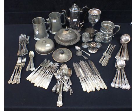 A VICTORIAN SILVER PLATED ENGRAVED GOBLET and other plated ware including a silver plated dessert service with mother of pear