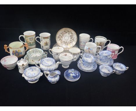 A 19TH CENTURY BLUE AND WHITE TRANSFER PRINTED CHILD'S TEA SET 'Dresden Flowers' pattern (some damage), 19th century miniatur