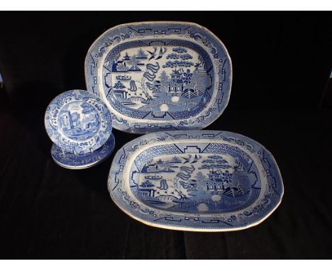 A PAIR OF VICTORIAN WILLOW PATTERN MEAT DISHES 46cm long (one a/f), with Spode Italian plates