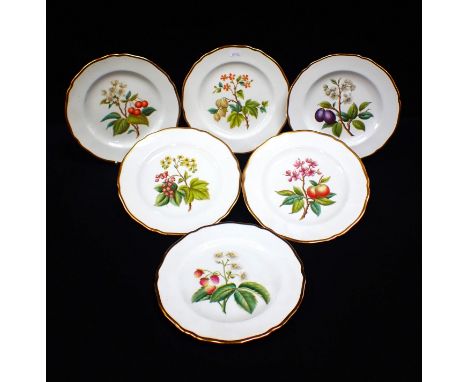 SIX SPODE, ENGLAND BONE CHINA DESSERT PLATES DECORATED WITH FRUIT with gilt rims (minor scratches)