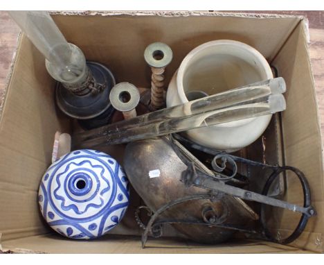 A COLLECTION OF DOMESTIC ITEMS including an oil lamp, a stoneware water filter, plated serving covers, an art pot etc.