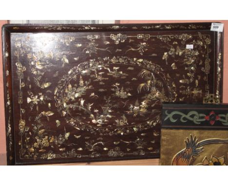 Chinese mother-of-pearl inlaid tray, overall decorated with foliage and butterflies around a central scenic panel.
***  CONDI