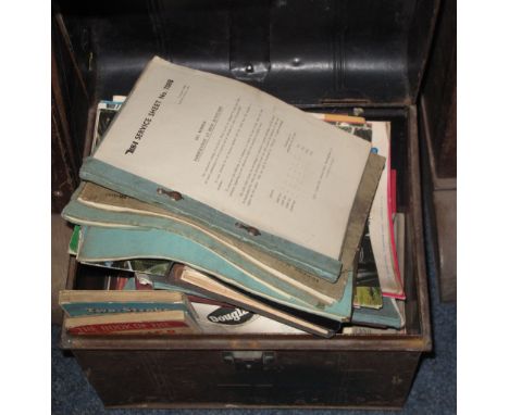 Tin trunk containing various motorcycle magazines and ephemera to include On two wheels, The motorcycle, Motorcycle sport, BS