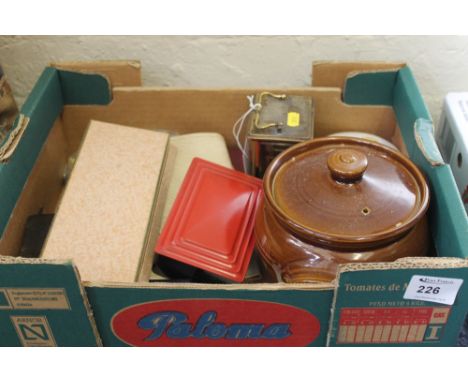 Box of assorted items to include: Stoneware jar and cover; brass French Bayard eight day carriage clock; china trinket jar an