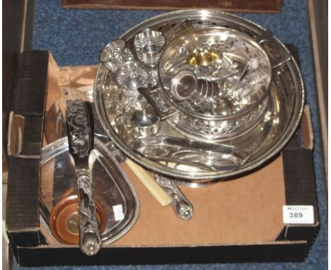 Tray of assorted metal ware to include large circular pierced pedestal bowl, pierced egg cups, set of salts, loose plated cut