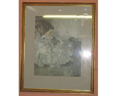 After Sir William Russell Flint, portrait of a woman in white ball gown.  Coloured print.  Framed and glazed.