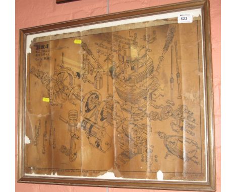 Original 1955 BSA Motorcycles Ltd. exploded drawing/print of a BSA B32/B34 Goldstar engine.  Framed and glazed.