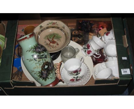 Tray of assorted china and glass to include Royal Doulton Pekin bowl, Marple china rose design cups and saucers, opaline glas