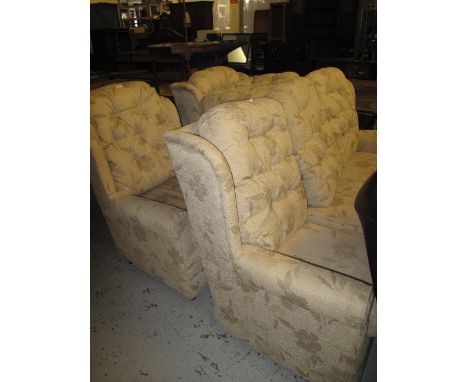 Modern foliate upholstered, button back three piece suite comprising: three seater sofa; pair of matching armchairs and a sto