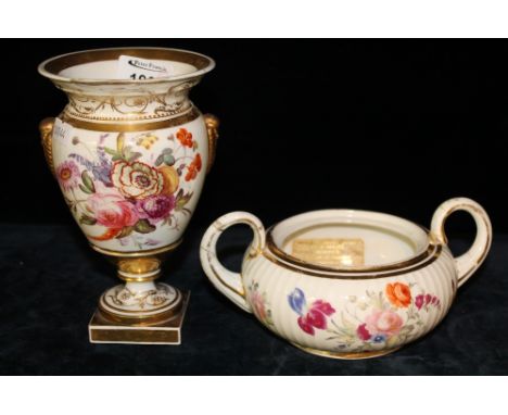 19th Century porcelain hand painted two handled sucrier lacking lid, together with 19th Century hand painted floral and gilt 