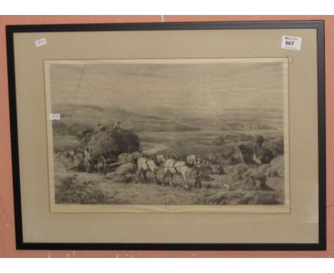 After Linnell, harvesting scene, uncoloured etching.  Framed and glazed.