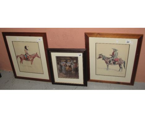 After Remmington, two Cowboy and North American Indian type prints together with a coloured print after Curnow Vosper.  Frame