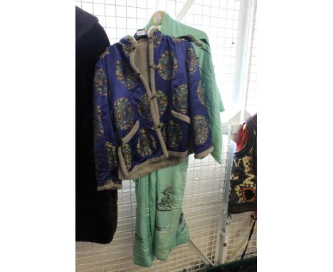Ladies Japanese green ground kimono together with Oriental design ladies blue ground dragon panel jacket. (2)