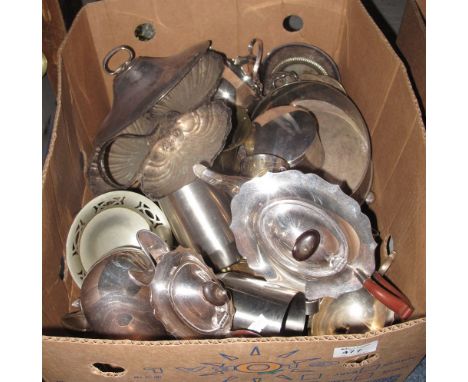 Box of assorted metal ware to include: silver plated tea service with wooden handles; shell-shaped design three section snack