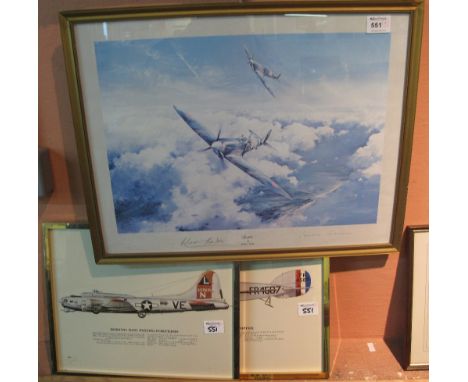 After Robert Taylor, 'Spitfire', a coloured print, signed by Douglas Bader and Johnnie Johnson, together with two aviation pr