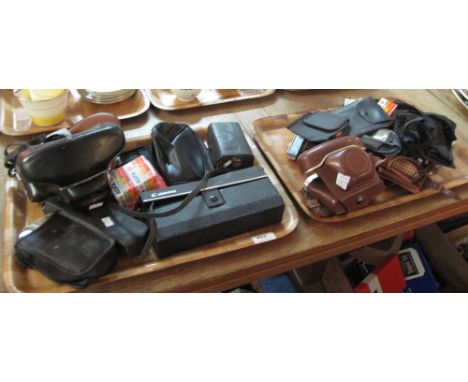 Two trays of assorted cameras and accessories to include Bella 44 in original case, Polaroid 900, Miranda auto F, camera case