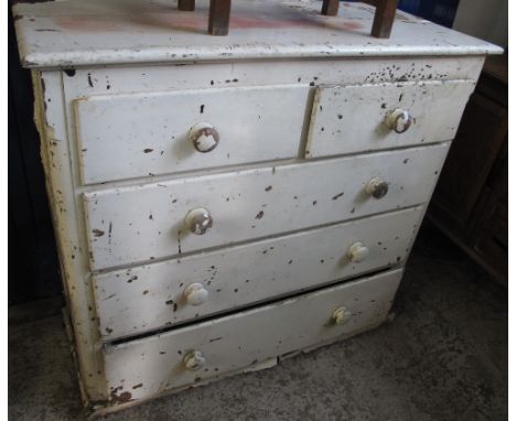 19th Century painted pine chest of two short and three long drawers on a platform base.