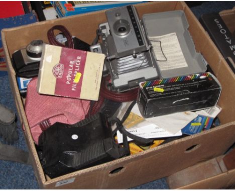Box of assorted cameras and equipment to include Kodak EK2 instant camera, Polaroid automatic 320 land camera, photographic c
