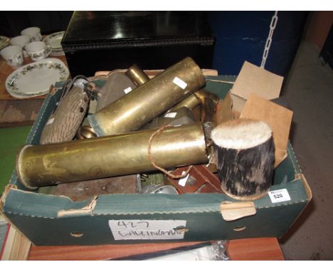 Box of assorted militaria and similar items to include shell cases, water bottles, gas mask, leather ammunition belt, dagger,