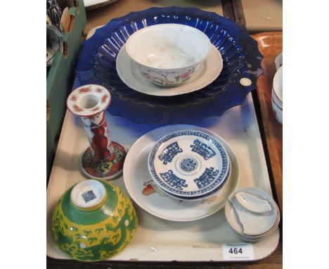 A tray of assorted Chinese and other items to include: blue glass fluted dish, saucers and bowls, Imari coloured candlestick 