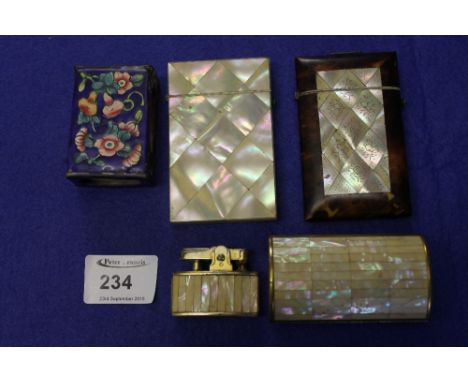Mother-of-pearl and tortoiseshell card case; mother-of-pearl card case; mother-of-pearl and gilt metal; drum shaped box; enam
