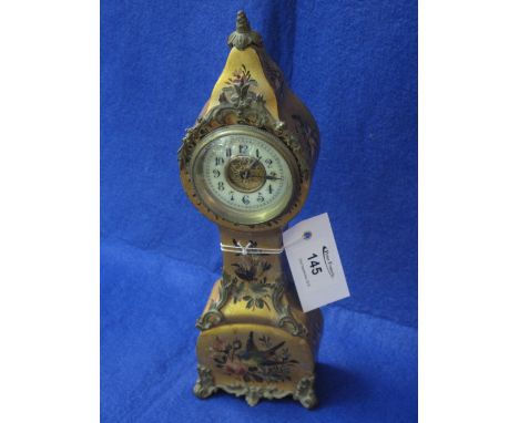 19th Century miniature gilt metal mounted table long case clock with overall birds and flower painted decoration on a gilded 