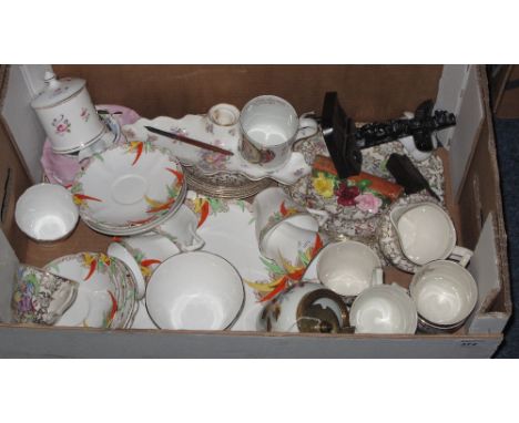 Tray of assorted china to include commemorative tankard, printed marks for Harrods, Nelson ware gilt floral and figural part 