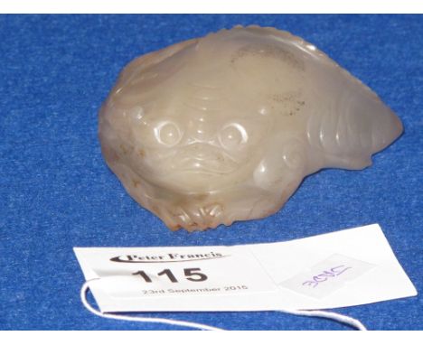 Chinese carved green hard stone study of a frog or similar reptile. Probably jade. CONDITION REPORT: Significant damage to on