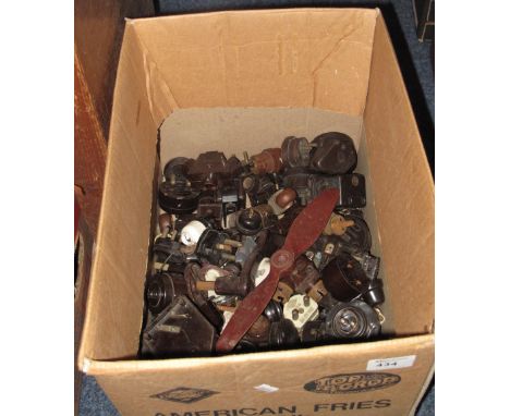 Box of assorted early 20th Century Bakelite items to include doorbells, other bell, plugs, light sockets and switches etc.