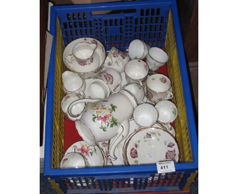 Box of assorted tea ware items to include Adderley fine bone china floral design and another floral and gilt tea ware compris