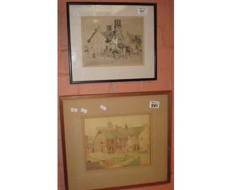 Victor Allwood, study of cottage backs, watercolour, signed and dated '31, together with a similar study of uncoloured etchin