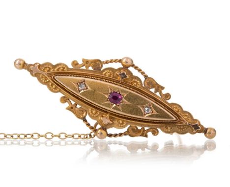 VICTORIAN BAR BROOCH of navette form, set with central red gems and diamond chips, panel to the reverse for hairwork, in fift