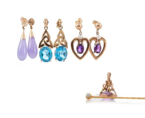 COLLECTION OF GEM SET EARRINGS  ALONG WITH A STICK PIN comprising lavender jade earrings along with two pairs of gem set earr