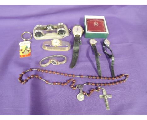 A small selection of wrist watches including Ingersoll and Rotary, a cased set of rosary beads and a pair of opera glasses