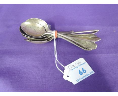 Seven assorted HM silver teaspoons and an HM silver caddy spoon of plain form