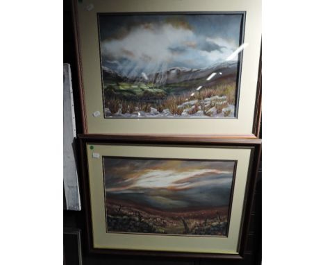 Two pastel landscapes of sun light by R A Gainsby