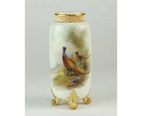 A Royal Worcester vase painted with a hen and cock pheasant by James Stintondated 1907with pierced neck and four raised feet,