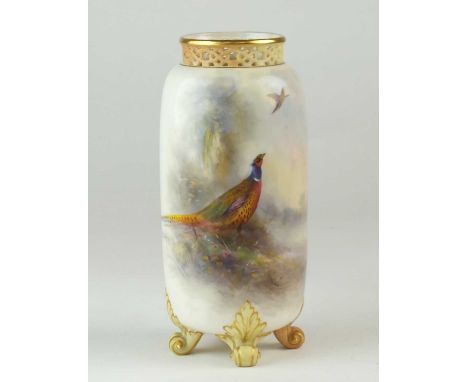 A Royal Worcester vase painted by James Stinton with a cock pheasant, with further pheasant flying beyond,dated 1912with pier