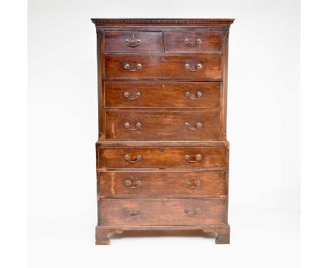 A George III mahogany chest on chest, the cavetto cornice above two short and three long, graduated and cock-beaded drawers, 