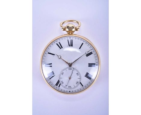 An 18ct open face pocket watch, George IV Date: Circa 1823Movement: Unsigned lever fusee, key wind and setDial: White enamel,