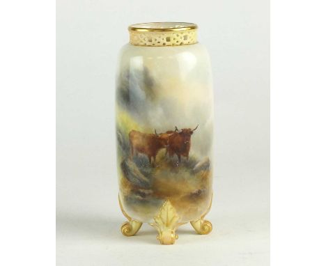 A Royal Worcester vase painted with Highland Cattle by Harry Stintondated 1908of slender, ovoid form with pierced neck and fo