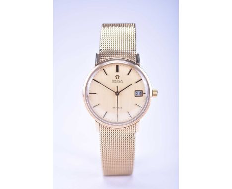 Omega: A gentleman's 9ct gold bracelet wristwatchModel: De VilleDate: Circa 1971Movement: Jewelled, manual windDial: Gold tex