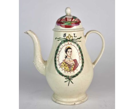 A Leeds creamware coffee pot and cover18th centuryof pear shape with an acanthus moulded spout, painted with a head and shoul