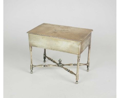 A novelty silver trinket box in the form of a table, Roberts &amp; Belk, Sheffield 1913, of rectangular form and raised on fo