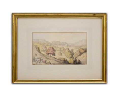 Thomas Rowlandson (1756-1827), the country house looking down over a wooded valley, below, in the foreground a workman talkin