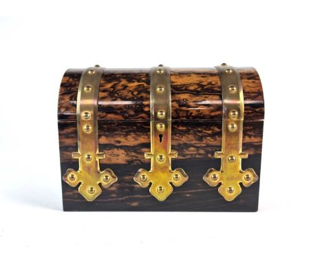 A good Victorian brass-bound, coromandel tea caddy, by Edmonds, the domed lid opening to reveal two domed canisters, each wit